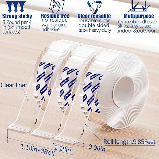 ZMUAXUAN Clear Double Sided Adhesive Mounting Tape Heavy Duty Removable,Strong Picture Hanging Strips Wall Hangers,Sticky Tack Gel Putty Glue for Poster,Photo,Mirror,Carpet(9.85 Ft-3 Pack)