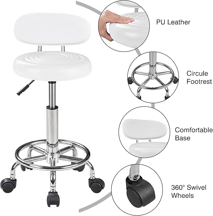VECELO Home Office Desk Chair with Backrest & Wheels | PU Leather Rolling Office Chair for Drafting, Salon, Spa(White, with Back)