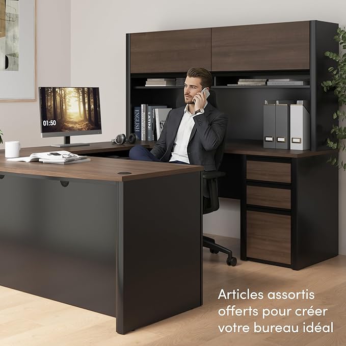 Bestar Connexion L Shaped Desk with Hutch and Pedestal in Slate and Sandstone, 72W | Large Corner Table for Home Office Workspace or Personal Work Area