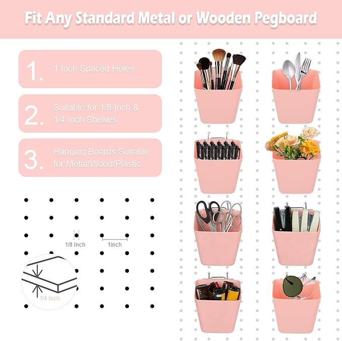 8 Pack Large Pegboard Bins with Hooks, Square Box Shape Peg Board Cups and Peg Board Accessories for Craft Room, Playroom, Office, Garage, and Wall Mount Organization (Pink)