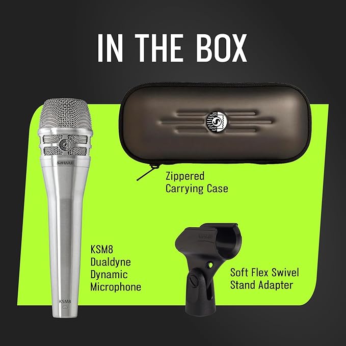 Shure KSM8 Dualdyne Dynamic Vocal Microphone – Dual-Diaphragm Cardioid Mic for Live Performance, Studio Recording & Broadcasting, Brushed Nickel