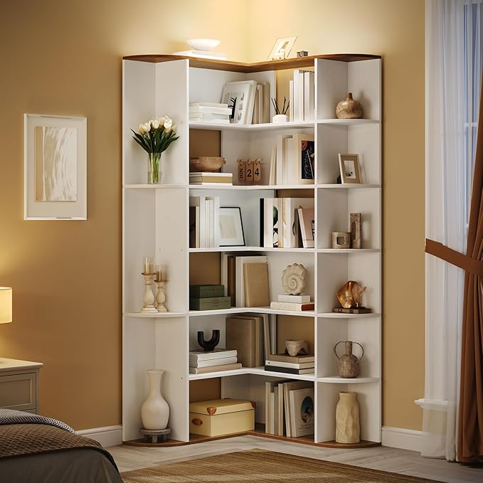 HOOBRO 74" Tall Corner Bookshelf, 6-Tier Bookcase with Open Storage, L-Shaped Modern Bookshelf with Display Shelf, Wooden Storage Shelves for Home Office, Living Room, White WH80SJ01
