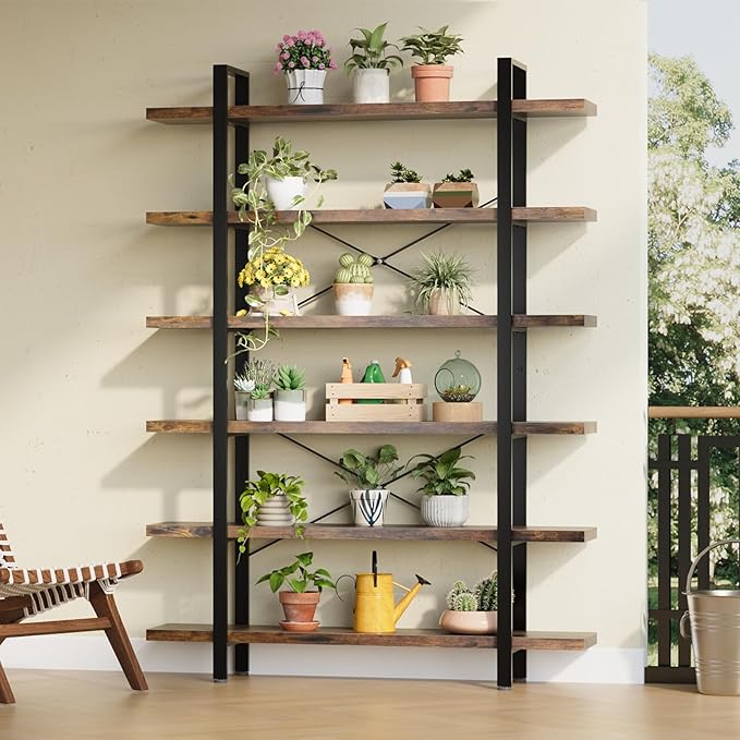 FURSUN Heavy Duty 4 Tier Bookcase, 55-in Tall Industrial Modern Large Bookshelf, Wood Farmhouse Bookcases Book Shelves and Metal Frame for Office, Bedroom, Living Room, Brown
