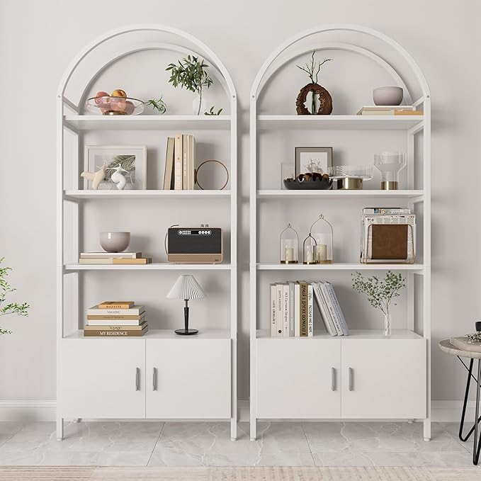 Jehiatek Arched Bookshelf, Bookcase with Doors Storage, 71 Inches Tall Industrial Book Shelf with Sturdy Metal Frame, E1 Quality Boards, Freestanding Display Shelving Unit, White