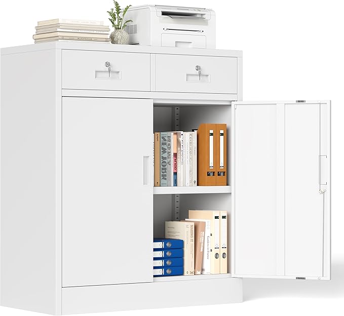 Metal Storage Cabinet with 2 Drawers, 36" H Locking Storage Cabinet, Metal Cabinets with Doors and Shelves for Home, School, Office, Garage, White