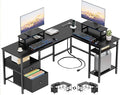 Furologee 59” L Shaped Desk with Power Outlet, Reversible Computer Desk with File Drawer & 2 Monitor Stands, Corner Home Office Table with Storage Shelves for Gaming Writing, Black