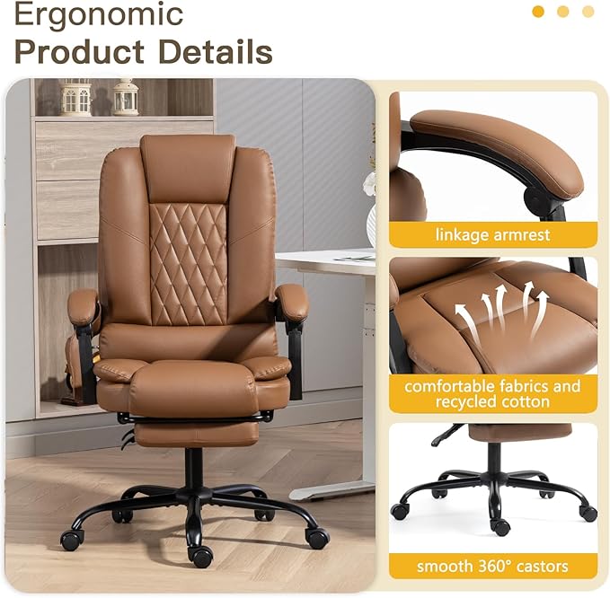 6-Point Heated Massage Office Chair with Footrest, Ergonomic Home Desk Chair with Lumbar Support, Executive High Back PU Leather Computer Chair with Armrest & Reclining, Brown