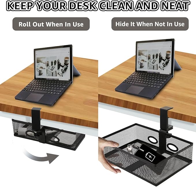 WOPPLXY Mesh Organizer and Swivel Pencil Drawer, Rotary Under Desk Drawer, Extra Sturdy C-Clamp Mount System and Easy to Install, 360 Rotatable Under Desk Storage Drawers (Black)