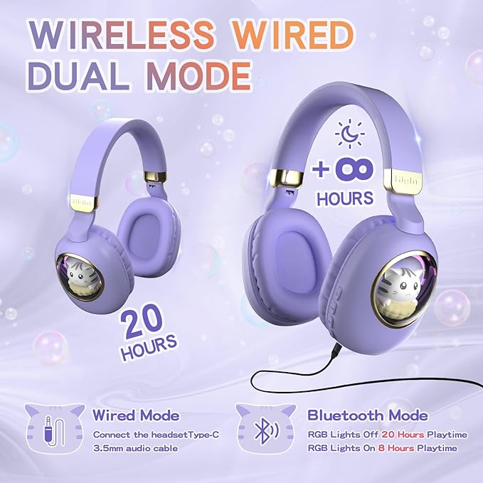 Xmenha Purple Kids Bluetooth Headphones Wired with Microphone for School - Wireless Boy Girls Noise Cancelling Over Ear Bluetooth Headphones Children Headsets for iPad Kindle Airplane Travel Tablet
