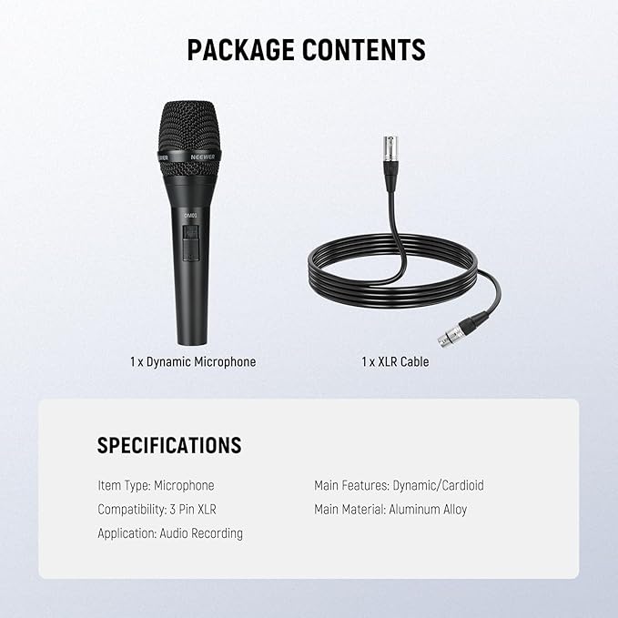 NEEWER DM01 Cardioid Dynamic Microphone with XLR Cable for Podcast Singing PC Gaming Streaming Studio Vocals, Speeches, Live Performances, 600Ω +/- 30% Impedance, 100Hz-10KHz Frequency Range