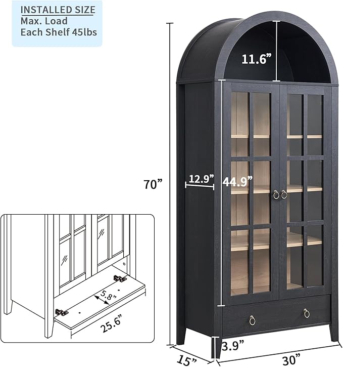 70" Tall Arched Cabinet, Modern Farmhouse Wooden Display Cabinet with Glass Doors, 6 Tier Bookshelf with Adjustable Shelves for Living Room, Office, Black