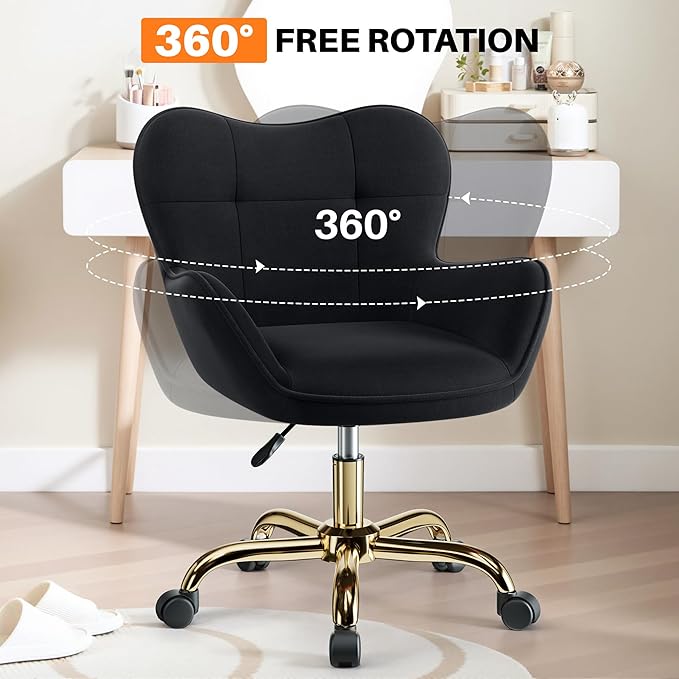 Vanity Chair with Wheels, Cute Home Office Desk Chairs Adjustable Height for Living Bedroom, Small Modern Fluffy Velvet Makeup Chair with Back for Girls (Black)