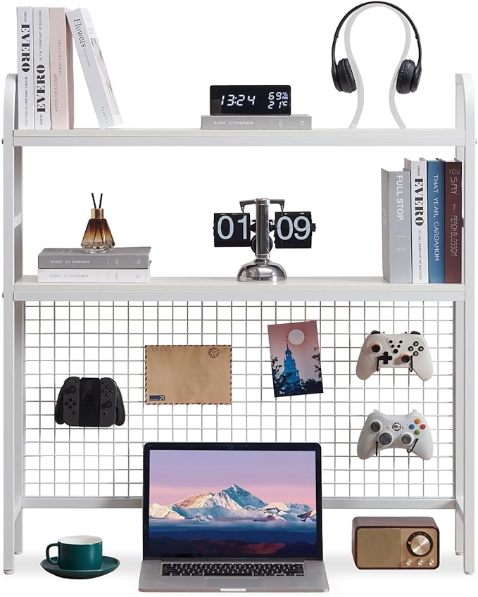 Desktop Hutch Shelf Organizer, 2-Tier Metal & MDF Desk Bookshelf with Grid Panel and Hooks for Office & Dorm (White, 36.8")