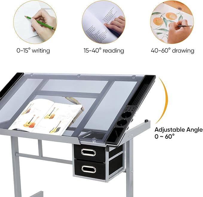 ZENY Drafting Table on Wheels with Storage Drawers, Adjustable Glass Tabletop, Craft Table Drawing Desk Artist Hobby Table for Painting, Drawing, Crafting