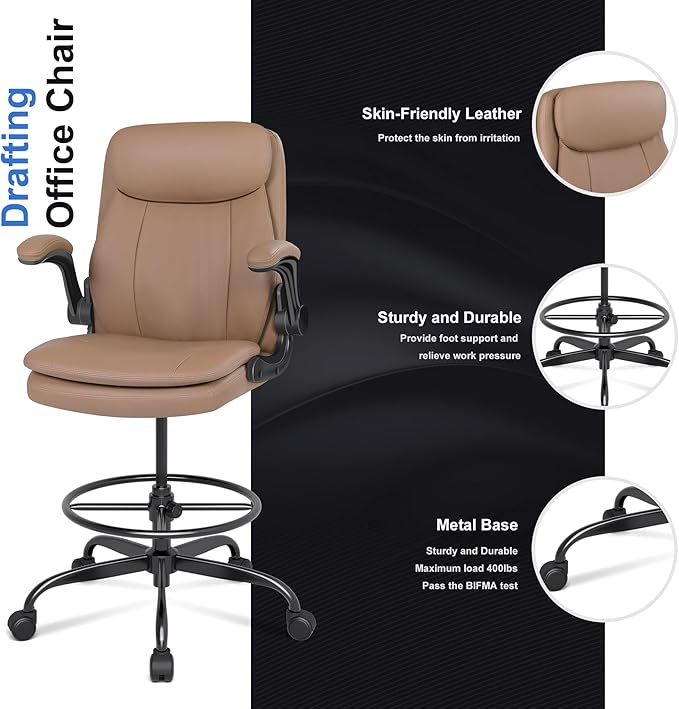 Misolant Leather Drafting Chair, Tall Office Chair for Standing Desk, High Executive Office Chair with Adjustable Height and Flip-up Armrest for Counter Height Desk