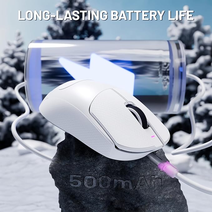 ATTACK SHARK X8ULTRA Wireless Gaming Mouse, 42000 DPI PAW3950MAX Sensor, 8000Hz Optical Nordic 52840 Tri-Mode 2.4G/BT/Wired, 55g Lightweight Big Hand Ergonomic Mouse with Coiled Cable-White&Tape
