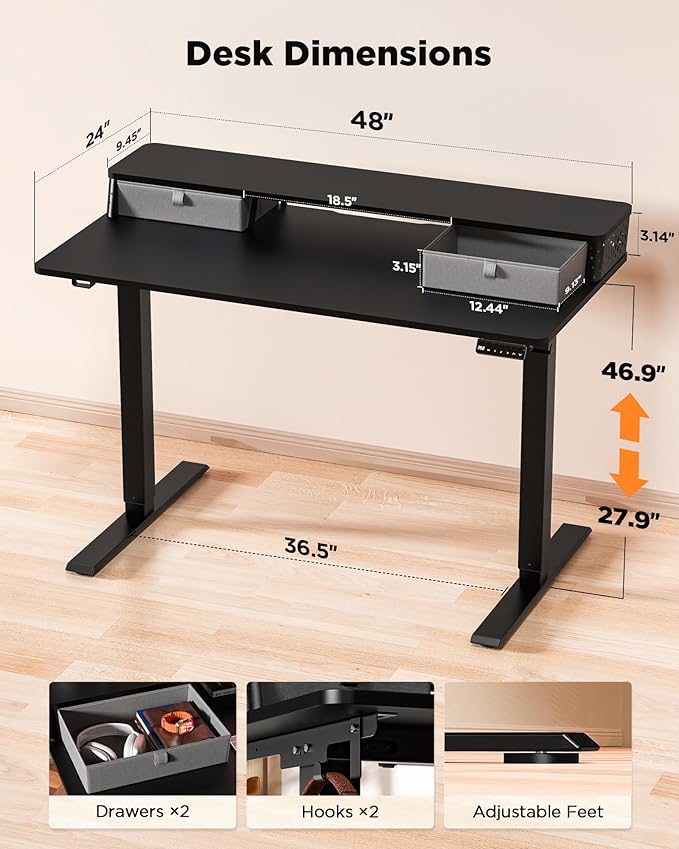 FiCiHi 48x24 Inch Standing Desk with Drawers, C-Clamp Mount Compatible, Electric Adjustable Height Computer Stand Up Desks, Home Office Sit Stand Table with 3 Preset Heights, Black