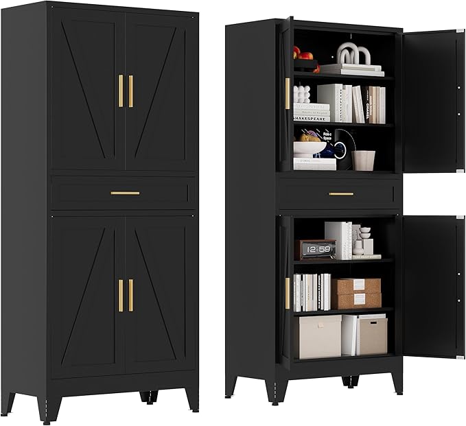 Washsemba 71 "Farmhouse Metal Filing Cabinet with a Drawer and 4 Adjustable Shelves, with 4 Large barn Door Black Kitchen Cabinets, Metal Food Cabinets for Home, Kitchen, Dining/Living Room (Black)