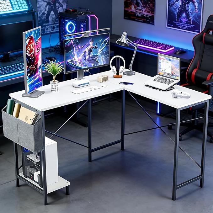 L Shaped Desk, 50 Inch Reversible Computer Desk Corner Gaming Table with CPU Stand & Storage Bag, Sturdy Metal Frame PC Workstation for Home Office, White Wood