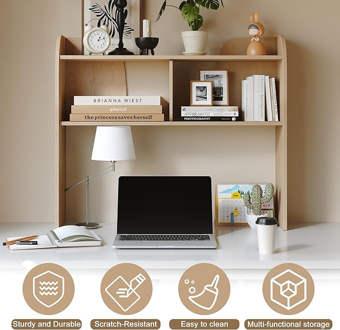 Wooden Desktop Bookshelf,37”3-Tier Rounded-Edge Desk Storage Organizer,Space-Saving Countertop Shelf for Office Dorm Home，Burlywood