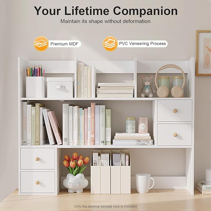 3-Tier Desktop Hutch Bookshelf, 31.5 Inch Desktop Bookshelf Storage Rack with 4 Drawers, Desk Hutch for Computer Monitor, Desk Shelf Bookcase for Home Office Dorm
