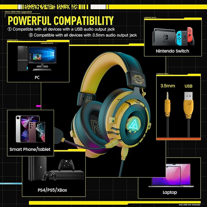 EKSA USB Gaming Headset for PC - Computer Headset with Detachable Noise Cancelling Mic, 7.1 Surround Sound, 50MM Driver - Headphones with Microphone for PS4/PS5, Xbox One, Laptop, Gamer