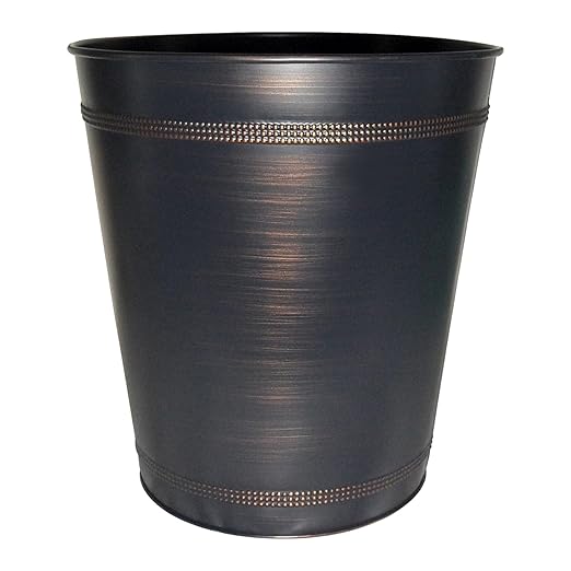 Small Round Metal Wastebasket- Beaded Recycle Trash Can 2.5 Gallon, Open top Garbage Container Bin for Bathrooms, Kitchen, Bedroom, Home Office - Durable Steel - Oil Rubbed Bronze Finish