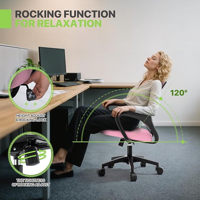 Magshion Office Chair, Ergonomic Mid-Back Mesh Desk Chair, Rolling Computer Chair with Lumbar Support & Comfy Armrests for for Gaming, Work, Study, 300 Lbs Capacity, Pink