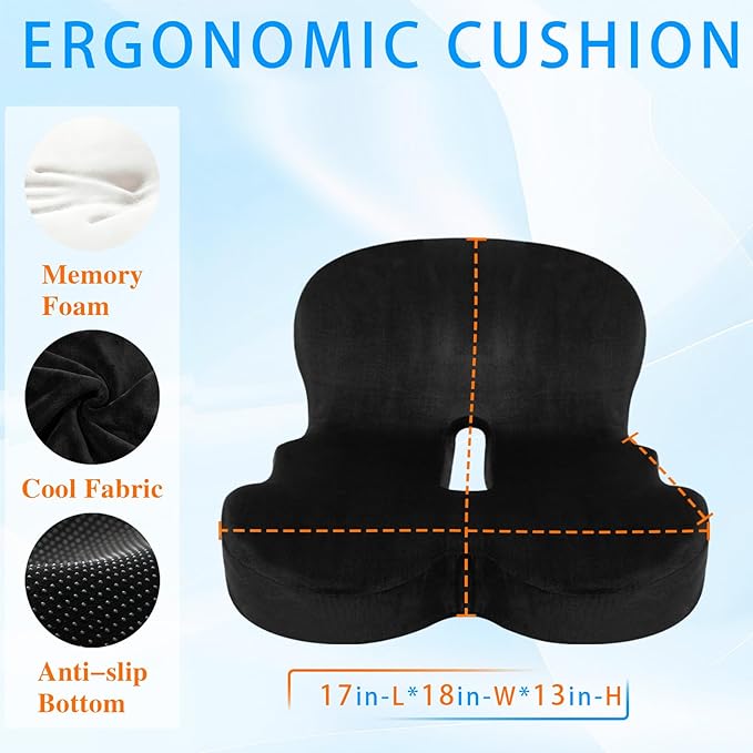 Ergonomic Memory Foam Reenly Seat Cushion & Non-Slip Base with Adjustable Straps,Seat Cushion for Truck Driver and Office Chair Cushion,Removable Washable Cover- Plush Velvet