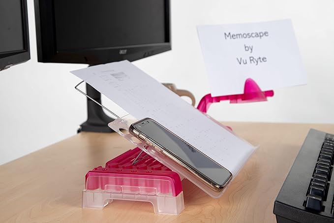 MemoScape Adjustable in-Line Document Holder for Typing | Reduces Neck Strain, Improves Focus, Boosts Desk Organization, and Workflow | Paper Holder Stand for Desk and Home Office - Pink (VUR 4000)