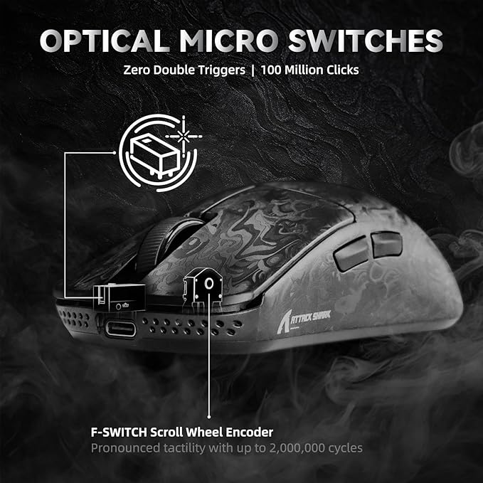 ATTACK SHARK R11 Ultra 8K Carbon Fiber Wireless Gaming Mouse,PAW3950 MAX Sensor,49g Ultra-Lightweight,Nordic 52840 MCU Chip,42000 DPI,Tape,Wired/BT/2.4GHz Wirelss Programmable Mouse for PC/Mac(Ink)
