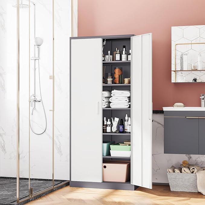 Fesbos Metal Storage Cabinet-72” Tall Steel File Cabinets with Lockable Doors and 5 Adjustable Shelves-Gray&White Steel Storage Cabinet for Home, School, Office, Garage