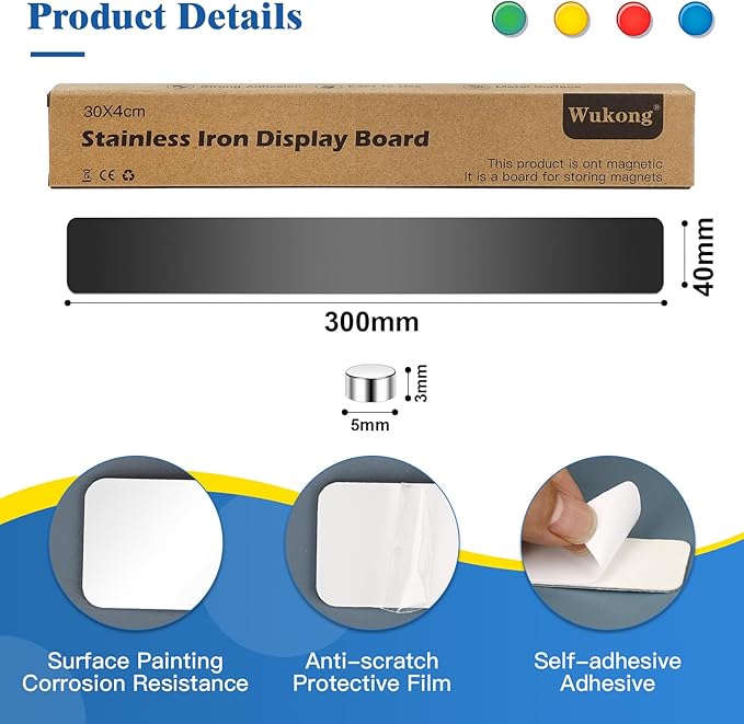 Wukong 5 Pack | 30x4cm (11.81 x 1.57) Magnetic Stainless Black Board Strips, Adhesive Backing Bulletin Bar, Memo Strip with 30pcs 5x3mm Magnets for Office, Home, Photo Wall, Documents