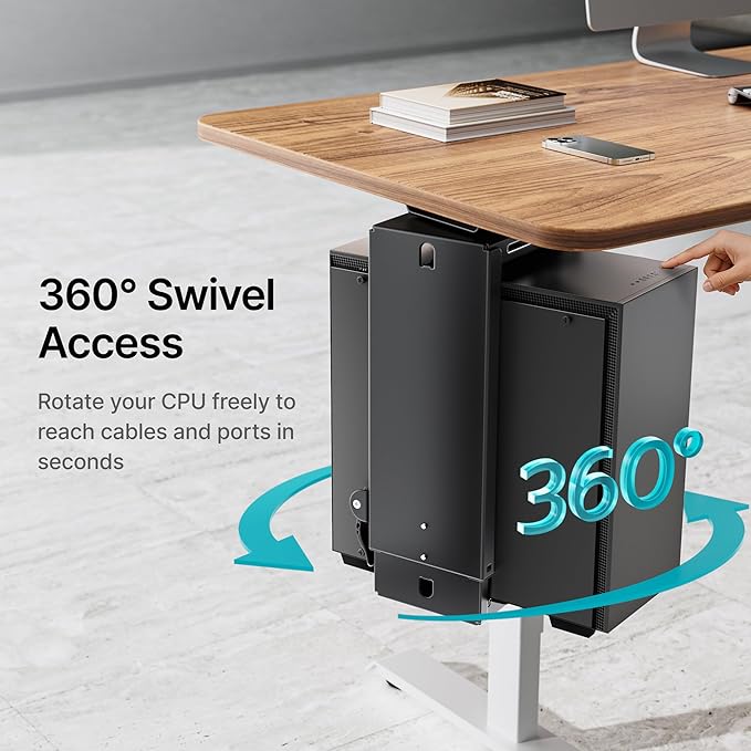 PEGZONE Adjustable Under Desk PC Mount, 3.5 to 8 Inch Wide Computer Tower Holder with Locking Handle,360 Degree Swivel Adjustable Height and Width, Black