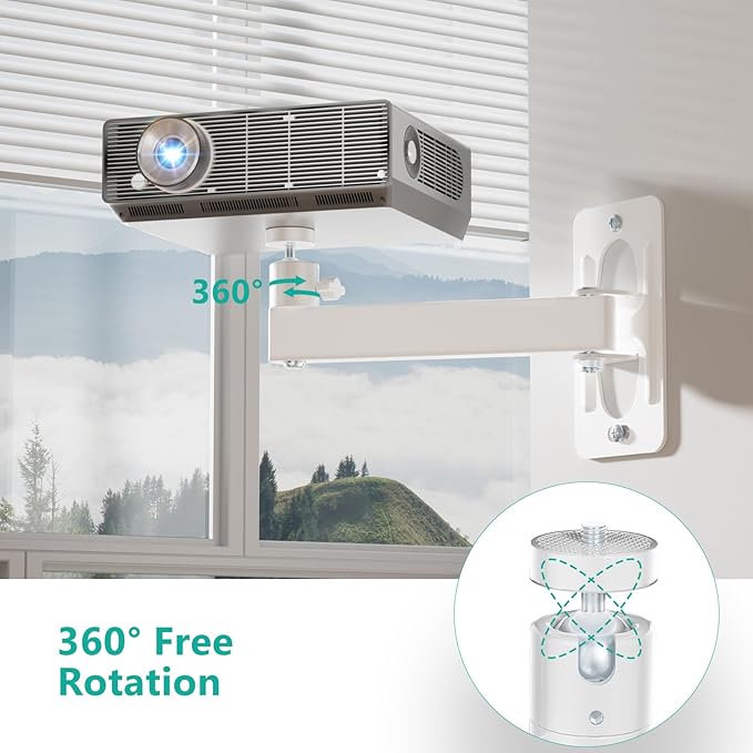 WALI Mini Projector Wall Mount, Full Motion Adjustable Bracket for 1/4" M4 M6 Screws, Hanging Holder for Small Projectors, Supports up to 4.4lbs - 1330LM-PMWS, White