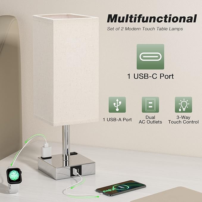 aooshine Beige Set of 2 Touch Lamp with USB Port-Nightstand Lamp with USB-C+A Charge Ports& AC Outlets, 3-Way Dimmable Bedside Lamp with Shade,Small Table Lamp for Bedroom Living Room(Bulb Included)