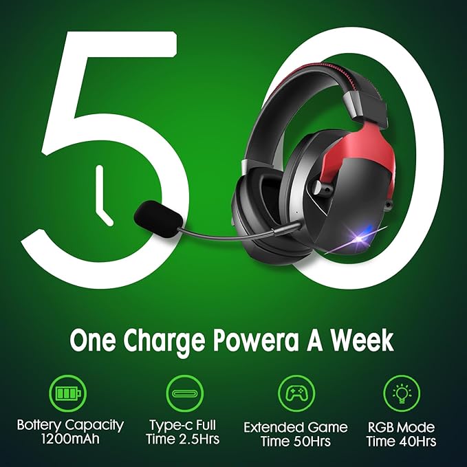 Wireless Gaming Headset for PS5, PS4, PC, Nintendo Switch, 2.4GHz USB Gaming Headphones, Bluetooth 5.3, 50H Battery, Noise Canceling Microphone, ONLY 3.5mm Wired Mode for Xbox Series-Black and Red