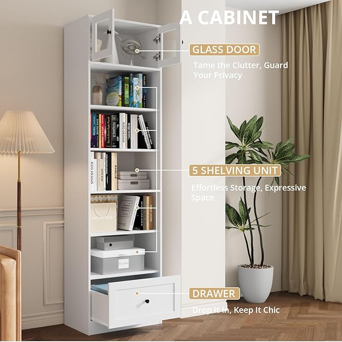 TUSY 85.5 Inch Tall Bookshelf with Doors - 7 Tier Bookcase with Glass Doors and Drawer, 23.6" Wide Storage Cabinet with Open Shelves for Living Room, White Book Shelf for Home Office, Study (B)