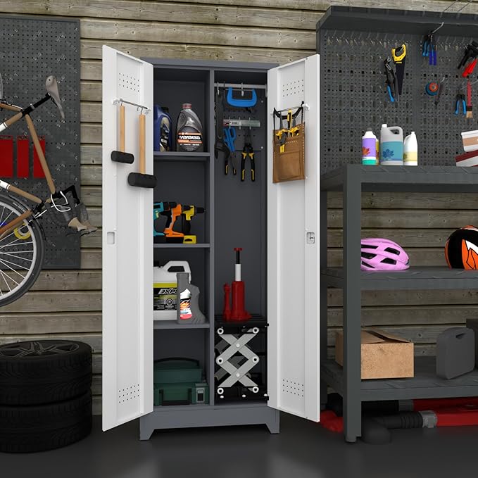 IRONFFICE Metal Storage Cabinet with Lock,65" H Laundry Room Cabinets with Pegboard,Locking Metal Cabinet Heavy Duty for Garage Office,School,Warehouse,Grey-White