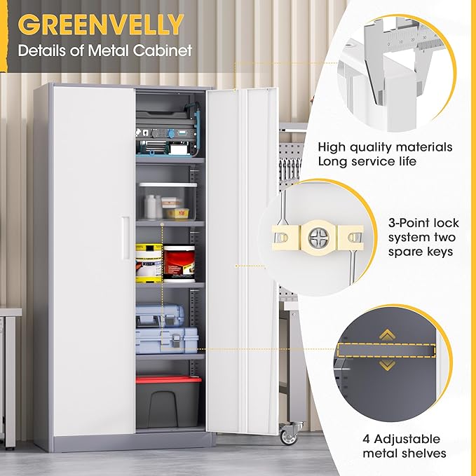 Greenvelly Metal Storage Cabinet,72” Metal Cabinet Storage with Doors and 4 Adjustable Shelves,Tall Storage Cabinet for Home,School,Gym(Grey White)