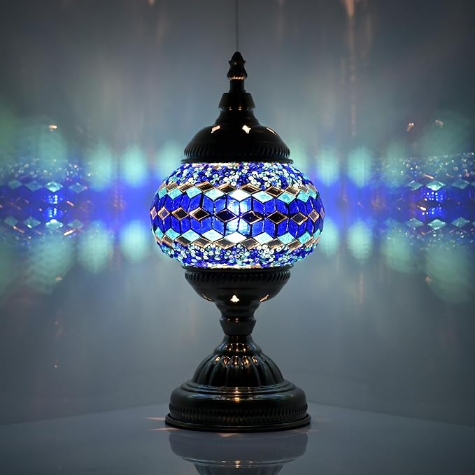 GOGERS Turkish Moroccan Table Lamp Lantern with Handmade Mosaic Glass Lampshade Tiffany Style Bohemian Stained Glass Decorative Desk Lamps Bedside Night Lights for Bedroom (Multiple Blues)
