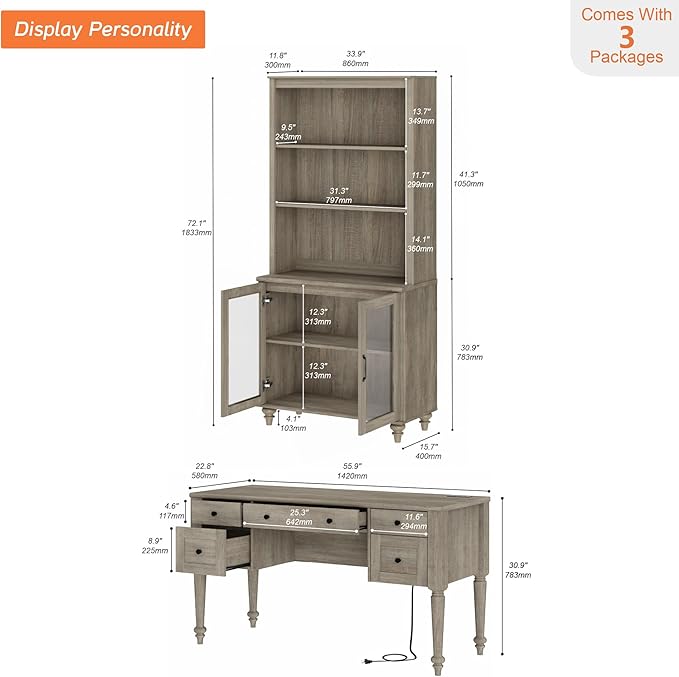 WAMPAT Home Office Furniture Set, 56'' Executive Desk with Charging Station, 72" Tall Bookcase with 2 Glass Doors, Wood Computer Desk with File Cabinet Storage, Open Shelf, Wash Grey