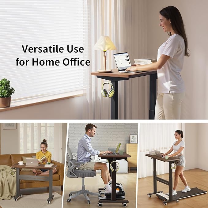 WALKINGDESK Mobile Walking Pad Desk with Wheels, Pneumatic Small Rolling Standing Desk Riser Height Adjustable (28-43.7") for Treadmill, Portable Computer Table for Home Office, Black Walnut