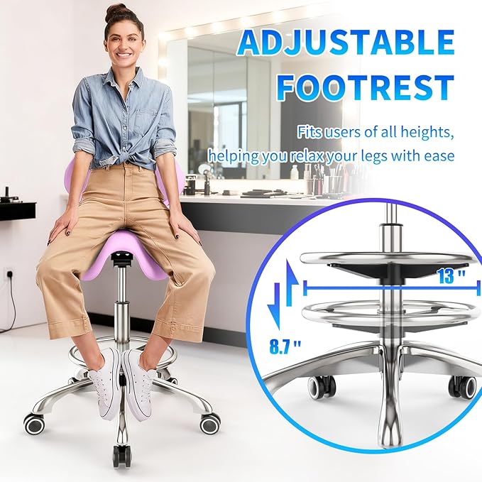 Saddle Chair with Back Support - Tilted Backrest, Adjustable Foot Rest, 350 LBS Capacity Ergonomic, 360° Swivel Drafting Chair for Salon, Spa, Massage, Tattoo, Facial lash, Home,（Macaron Purple）