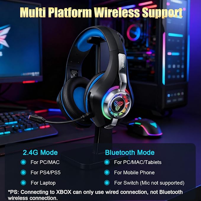 2.4GHz Wireless Gaming Headsets for PS5/PS4/PC/Switch/Xbox, RGB Noise Cancelling Over-Ear Headphones with 7.1 Surround Sound, 40mm Drivers, 276g ultraligero, Memory Foam, 45H Gaming Headphones 2025