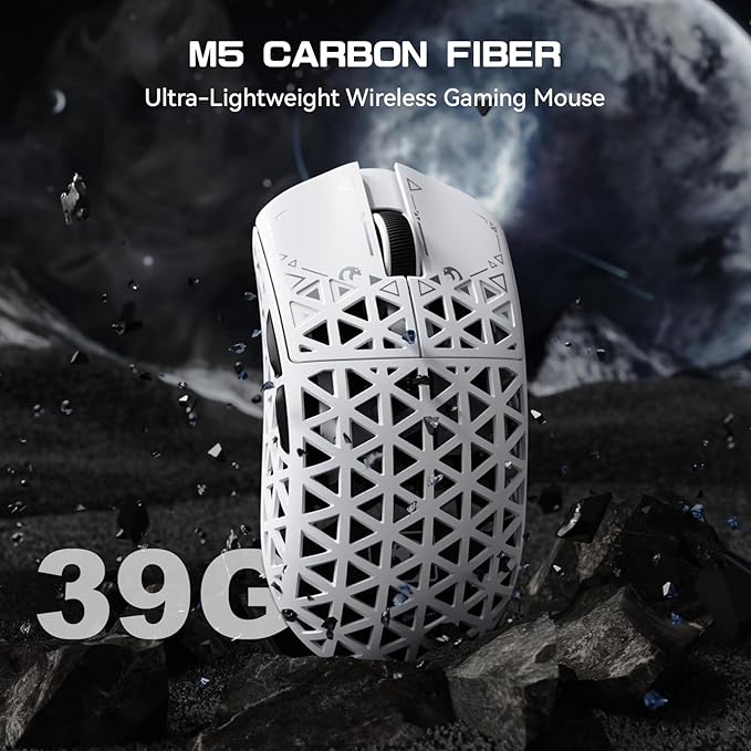 MAMBASNAKE M5 Ultra Carbon Fiber 8000Hz Wireless Gaming Mouse, 39g Superlight, 42000DPI, PAW3950MAX Sensor, Nordic 52840 Chip, Bluetooth/2.4G/USB-C Wired Mice wih Coiled Cable for PC/Mac (White)