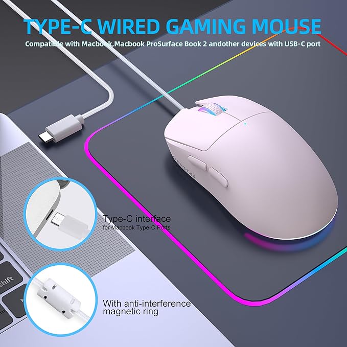 HXMJ Wired USB C Gaming Mice,7200DPI,Corded Mouse with RGB Backlit for Apple MacBook,Tablets,Computer or Laptops with Type C Port-Pink