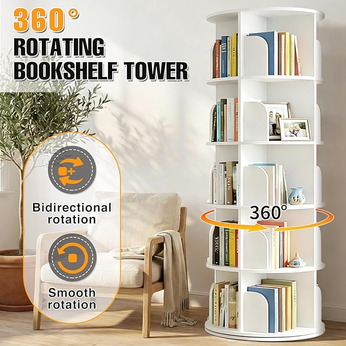 RUNSUNSPRI 5 Tier Rotating Bookshelf Tower, Spinning Bookshelf, Revolving 360° Bookcase Storage Round Carousel, Vertical Rotate Turning Spiral Corner Organizer Lazy Susan, White