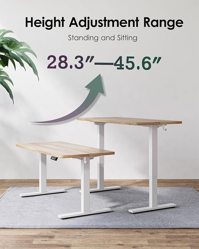 TIQLAB Electric Height Adjustable Standing Desk 47.2×23.6 inch, Sit Stand Desk with Splice Board, Memory Controller, White Frame & Maple Top Computer Workstation for Home Office