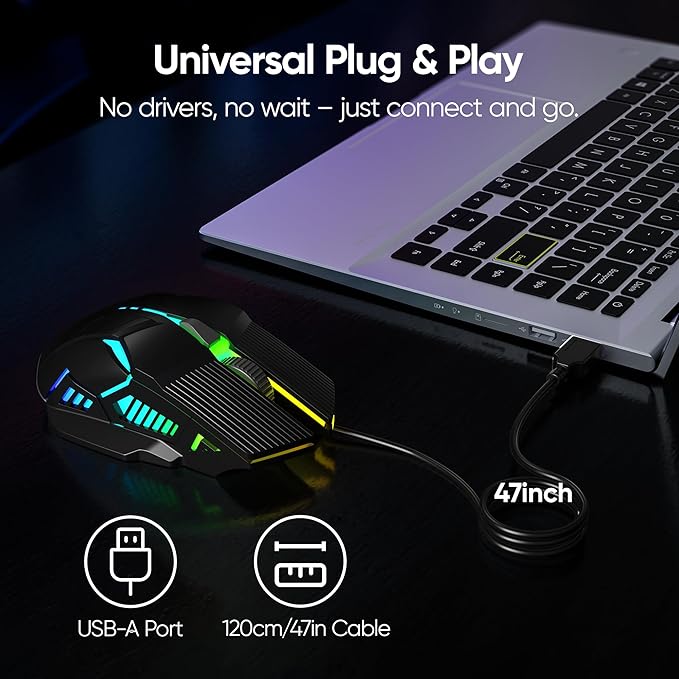 MELOGAGA Wired Gaming Mouse - Lightweight USB Optical Computer Mice with 7-Color RGB LED Lights, 4 Adjustable DPI (1200-3200), 6 Buttons, Ergonomic Design for Windows (S800-Black)